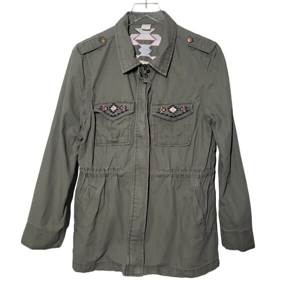 Wild Pearl Embroidered Aztec Jacket Cotton Full Zip Army Green Womens Small - Picture 1 of 14